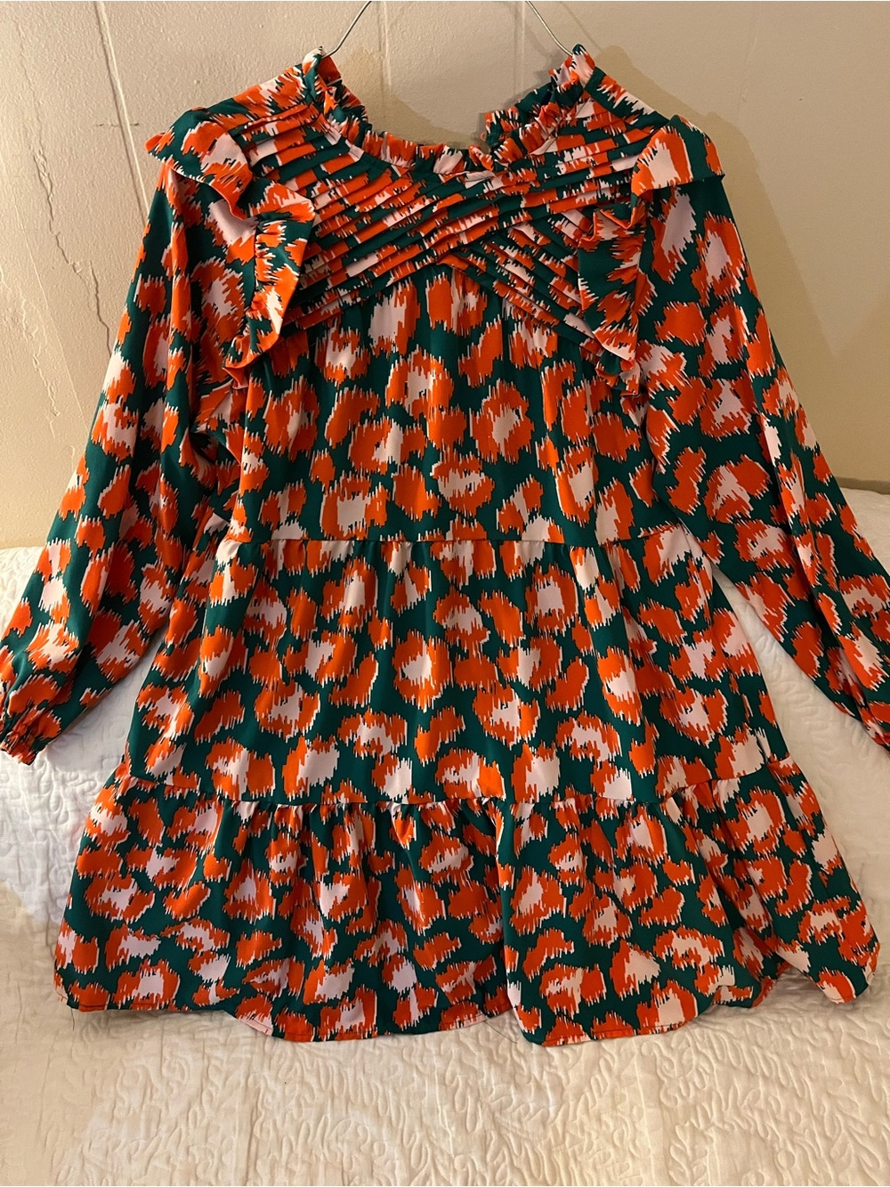 Tiered Midi Dress with Ruffled Yoke - Green/Orange/White